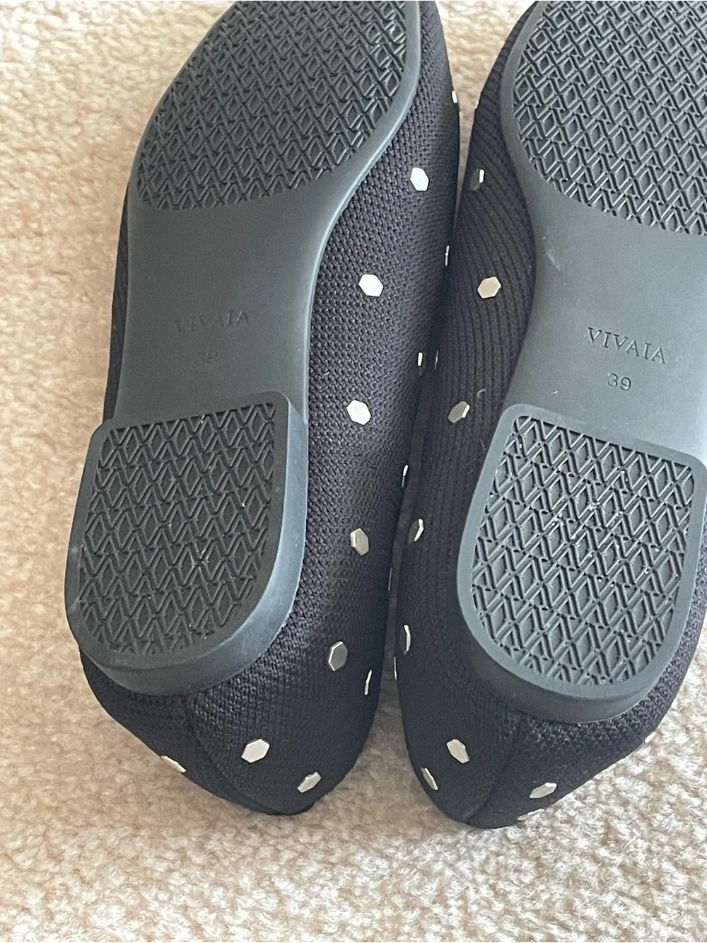VIVAIA Margaret Square Toe Ballet Flats Black Studded Bow Size 39 US 8